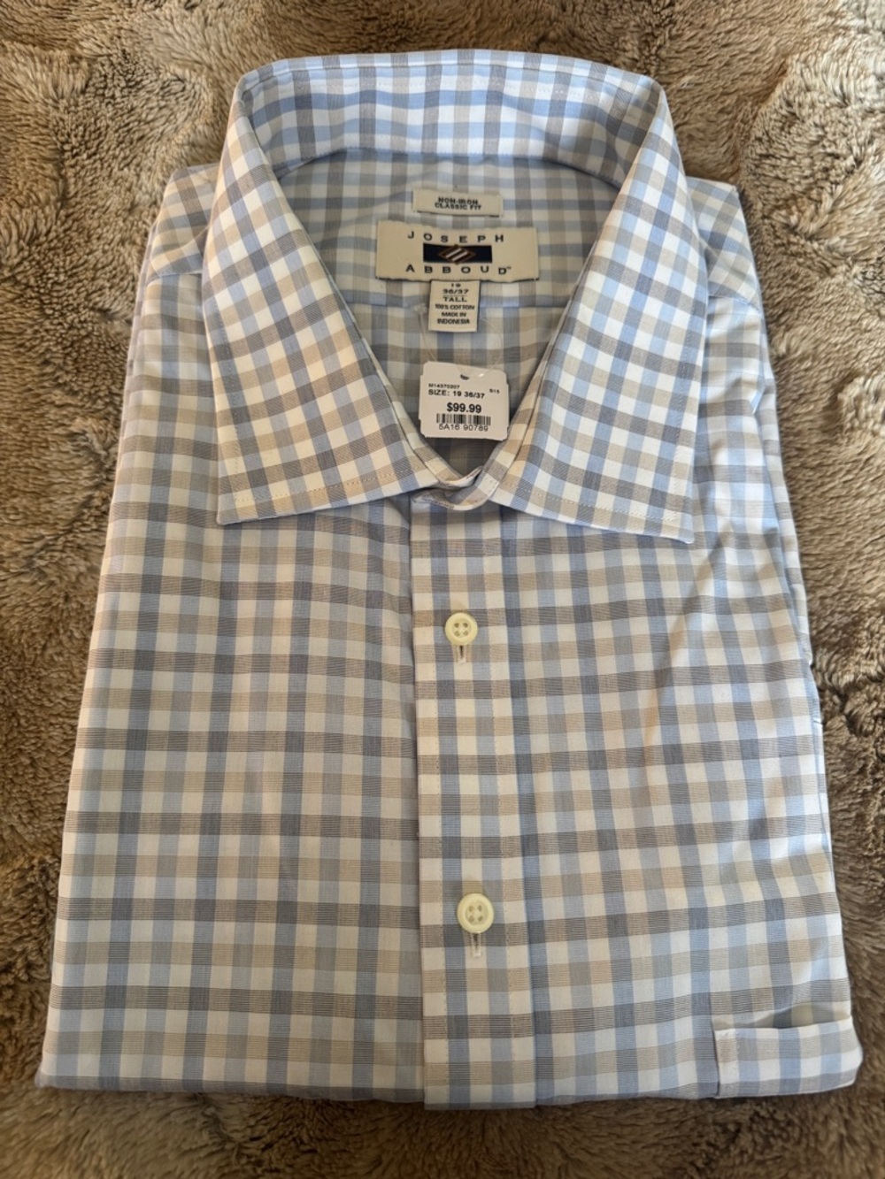 Joseph Abboud Non-Iron Dress Shirt Blue Plaid Classic Fit 19 36/37 Tall |NWT|